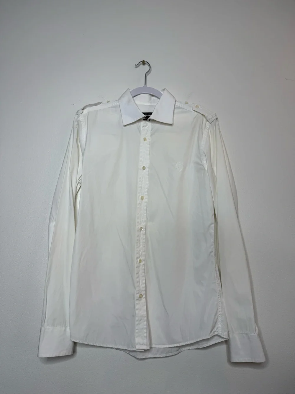 Gucci dress shirt Frida Giannini era Green/red Web trim Military-style shoulder